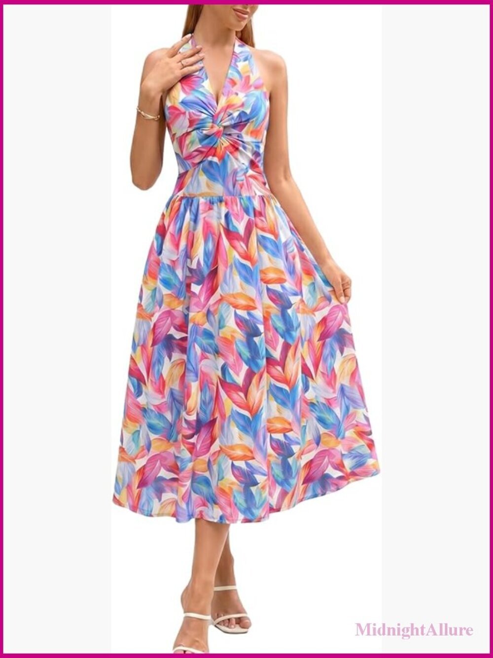 Halter Floral Midi Dress Backless Twist A-Line Sundress with Pockets Casual
